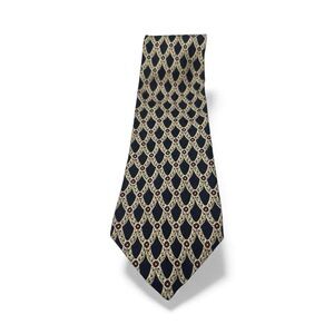 Vintage Claiborne Silk Lattice Floral Tie Navy Cream Retro Geometric Pattern